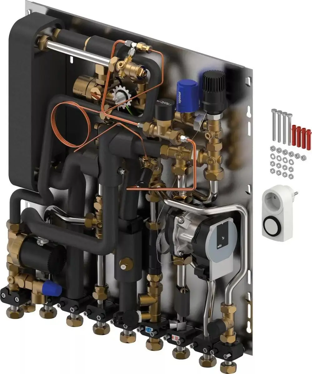 Combi Port M-Pro Wohnungsstation von Uponor mit verschiedenen Ventilen und Anschlussmöglichkeiten, montiert auf einer Metallplatte, mit Zubehörteilen auf der rechten Seite.